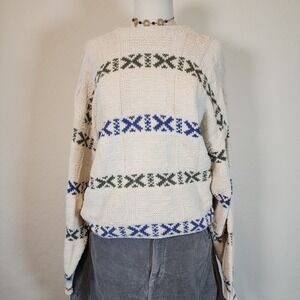 Cambridge Classics Mens Size L Cream Blue Green Knit Cotton Grandpa‎ Sweater